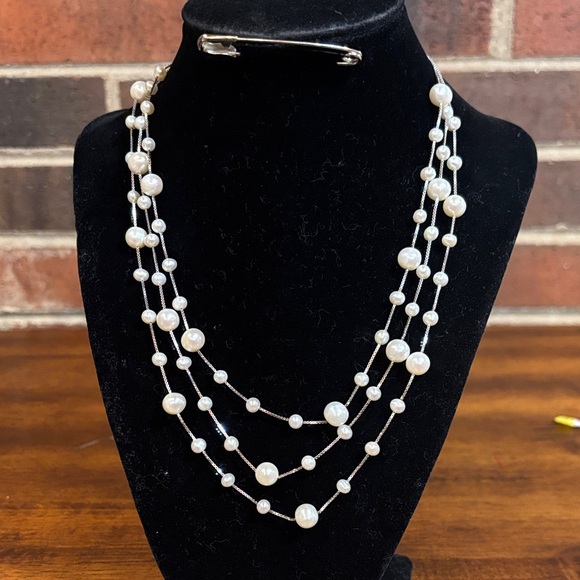 Jewelry - Triple Strand 925 Sterling Silver and Pearl Necklace.16, 17, and 18 inches long
